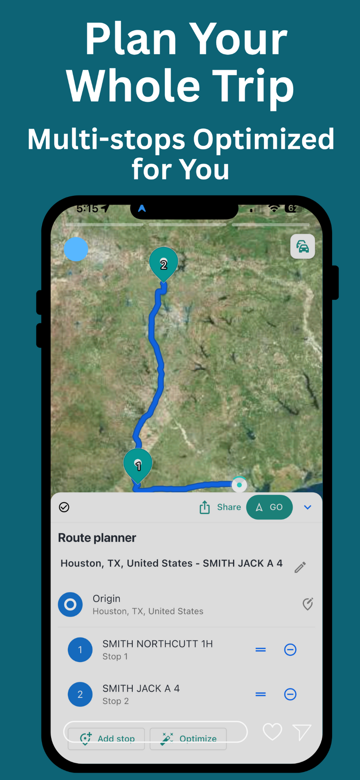 Oilfield Route multi-stop planner showing an optimized two-stop wellsite route